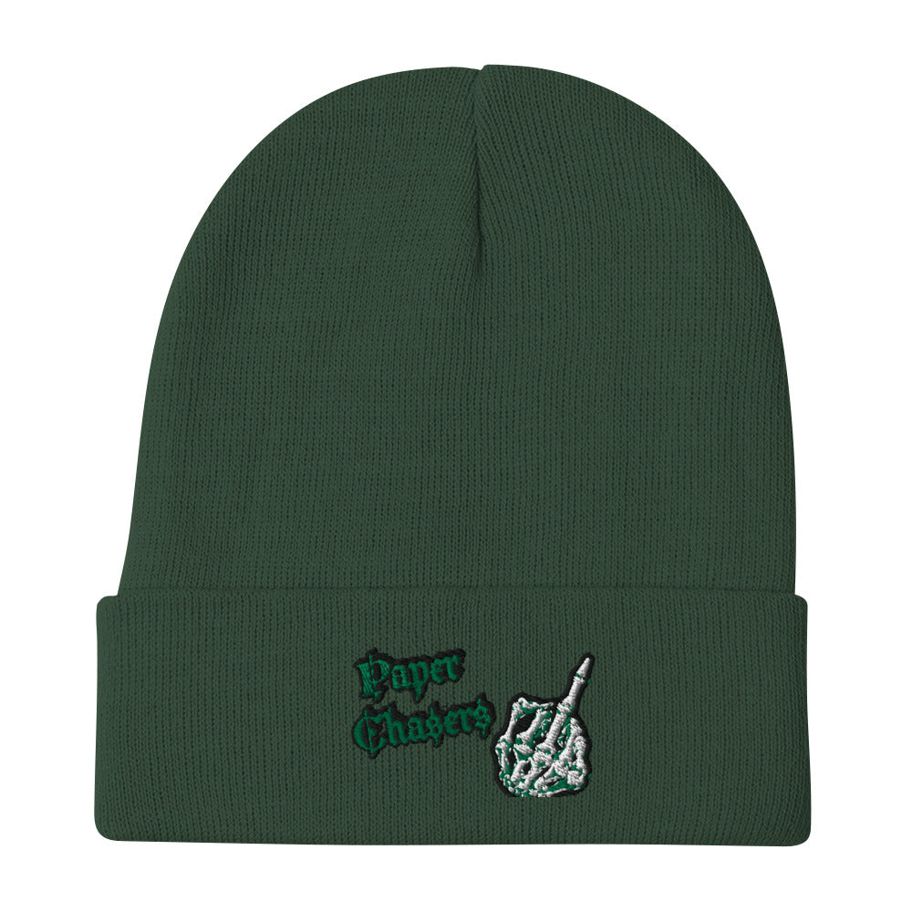 Paper Chasers Embroidered Middle Finger Skeleton Beanie